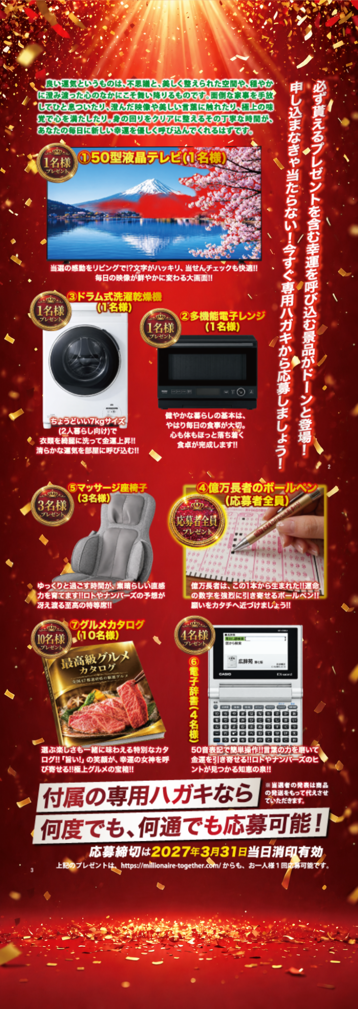 7大プレゼント。50型液晶テレビ1名様、多機能電子レンジ1名様、ドラム式洗濯乾燥機1名様、億万長者のボールペンは応募者全員、マッサージ座椅子3名様、電子辞書4名様、グルメカタログ10名様。付属の専用ハガキなら何度でも、何通でも応募可能。応募締切は2027年3月31日、当日消印有効。当選者の発表は商品の発送をもって代えさせていただきます。